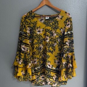 Cabi Mustard Floral Tiered Ruffle Sleeve Blouse